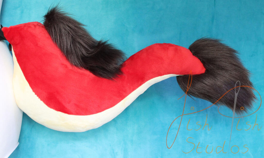 Custom Dragon Tail A red dragon tail, with pale yellow belly and brown faux fur accents. Made with minky and luxury faux fur for fursuits, larp and therian costumes