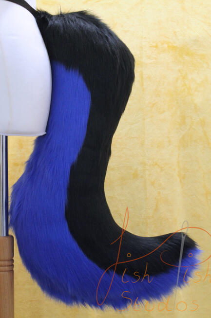 Large Black and Blue Wolf Tail large black and blue wolf tail for fursuiting. it can be worn on a belt or sewn onto a suit. Handmade by fishpish studios